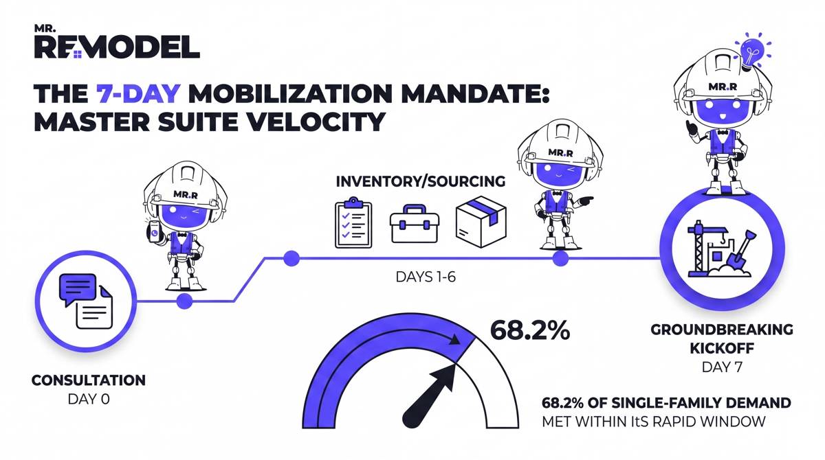 A striking visual representation of the 99.3% project kickoff demand and the 68.2% "7-Day" emergency mobilization data. It uses a high-tension gauge or speedometer graphic to show how Mr. Remodel's local fleet is structurally optimized to move from Consultation to Kickoff faster than the industry average.